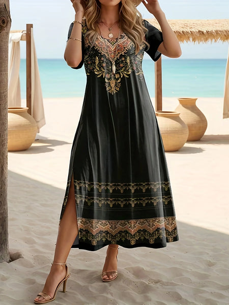 Ethnic Bohemian Floral Print Casual Vacation Short-Sleeved Large-Size Dress