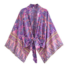 Load image into Gallery viewer, Happie Queens Floral Print Sashes Short  Kimono Women Fashion V Neck Batwing Sleeves Robe Lady Boho Bikini Cover-ups