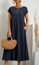 Load image into Gallery viewer, Women Vintage Solid Dress Summer Elegant O Neck Short Sleeve Cotton Linen Dresses Female Casual Loose Sundress Long Dress