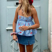 Load image into Gallery viewer, Fairycore Backless Tie Up Crop Tops Cherry Plaid Print Peplum Camisole Summer Holiday Sweet Cute Milkmaid Tank Vest Y2K Clothes
