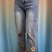 Load image into Gallery viewer, Women High End Hollowed Out Embroidered Denim Eight Cigarette Tube Pants 2025 New Summer Thin High Waist Stylish Denim Tube Pant
