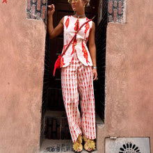 Load image into Gallery viewer, Summer Women Cartoon Red Fish Print O Neck Tank Top And Straight Female Long Pants Short Sleeve Shirt Wide Leg Pant 2 Piece Sets