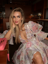 Load image into Gallery viewer, Flower Printed Short Puff Sleeve Mini Dress Women V Neck Beach Holiday Summer Short Vestido 2025 Seaside A-line Sexy Casual Gown