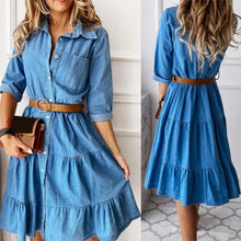 Load image into Gallery viewer, Denim Dress Three Quarter Sleeve with Belt Turn-down Collar Spring Autumn Buttons Ruffle Jeans Dresses for women 2025