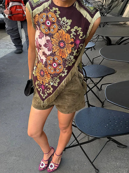 Fashion Floral Print Top With Fringe Trim For Women Vintage O-neck Sleeveless Asymmetric Hem Satin Blouse Lady 2026 Chic Tops