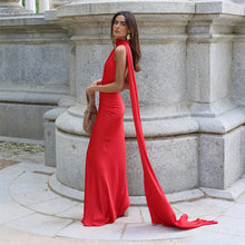 Load image into Gallery viewer, Elegant Satin Ribbons Halter Party Dress Women&#39;s Sexy Backless Off Shoulder Sleeveless Robes 2025 Summer New Lady Evening Gowns