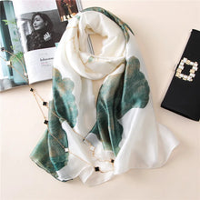 Load image into Gallery viewer, Green Peacock Feather Hijab Summer Beach Pareo Silk Scarf Women Luxury Bandana Soft Long Foulard Femme Designer Bufandas Mujer
