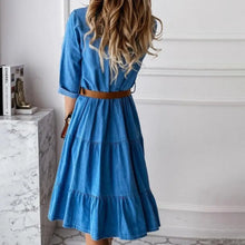 Load image into Gallery viewer, Denim Dress Three Quarter Sleeve with Belt Turn-down Collar Spring Autumn Buttons Ruffle Jeans Dresses for women 2025