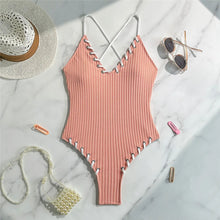 Load image into Gallery viewer, 5 Colors V Neck Ribbed Cross Back One Piece Swimsuit Women Swimwear Female High Leg Cut Monokini  Bather Bathing Suit Swim V6278