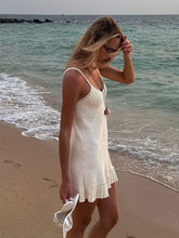 Load image into Gallery viewer, Sexy Crochet Halter V Neck Chic Ruffle Knit Beach Mini Dress 2026 Women Comfy Swimsuit Cover Up Seaside Holiday Club Dresses K58