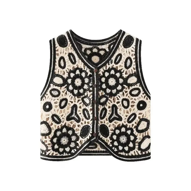 Women Floral Embroidered Crochet Vest Top Summer Beach Cover Up Cardigan Waistcoat Boho Chic Vacation Outfit