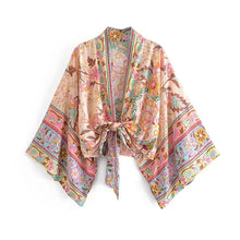 Load image into Gallery viewer, Happie Queens Floral Print Sashes Short  Kimono Women Fashion V Neck Batwing Sleeves Robe Lady Boho Bikini Cover-ups