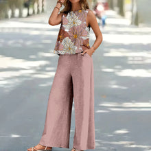 Load image into Gallery viewer, Bohemian Leaf Print Holiday Pants Set Round Neck Elegant Temperament Summer Sleeveless Top And Pants Hawaii Vacation Womenswear