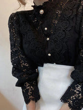 Load image into Gallery viewer, Women Chiffon Button Turtleneck Shirt Chic Elegant Floral Lace Fluffy Long Sleeve Top Fashion Hollow Oversize White Blouse 2025