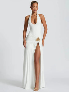 Mozision Elegant Backless Sexy Maxi Dress Set Women Halter Bodysuit And Maxi Skirt Matching Set Female Ruched Split Dress Sets