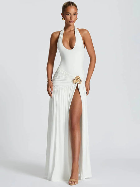 Mozision Elegant Backless Sexy Maxi Dress Set Women Halter Bodysuit And Maxi Skirt Matching Set Female Ruched Split Dress Sets