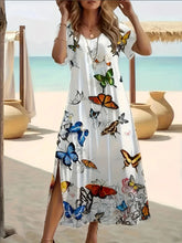 Load image into Gallery viewer, Elegant Summer Plus Size V-Neck Butterfly Print Dress - Split Hem Short Sleeve Women's Fashion