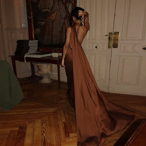Elegant Satin Ribbons Halter Party Dress Women's Sexy Backless Off Shoulder Sleeveless Robes 2025 Summer New Lady Evening Gowns