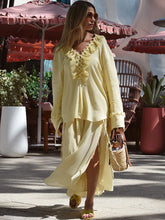 Load image into Gallery viewer, Yellow Casual Ruffles Lace-up Shirts For Women Fashion Loose Long Sleeve V Neck Summer Blouse Lady Lightweight Holiday Tops 2025