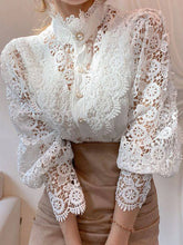 Load image into Gallery viewer, Women Chiffon Button Turtleneck Shirt Chic Elegant Floral Lace Fluffy Long Sleeve Top Fashion Hollow Oversize White Blouse 2025