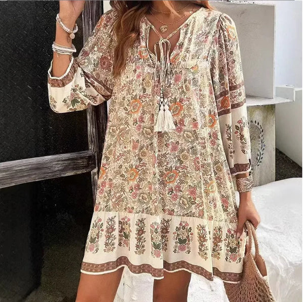 Casual Print Loose Dress For Women Fashion Long Sleeve V Neck Lace-up Vintage Pullover Dresses Lady Boho Holiday Womens Clothing