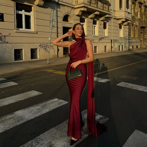 Elegant Satin Ribbons Halter Party Dress Women's Sexy Backless Off Shoulder Sleeveless Robes 2025 Summer New Lady Evening Gowns