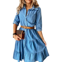 Load image into Gallery viewer, Denim Dress Three Quarter Sleeve with Belt Turn-down Collar Spring Autumn Buttons Ruffle Jeans Dresses for women 2025