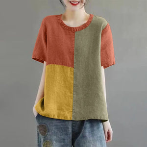 Women Patchwork Blouse 2024 Summer Short Sleeve Tunics Fashion Round Neck Shirts Casual Loose Holiday Cotton Linen Tops