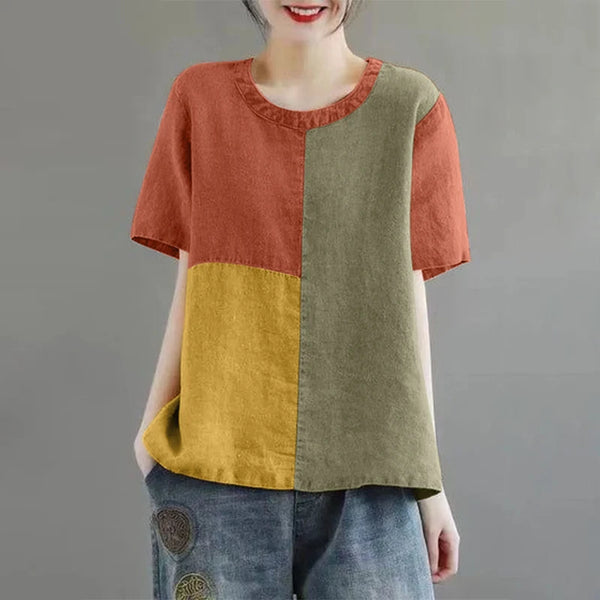 Women Patchwork Blouse 2024 Summer Short Sleeve Tunics Fashion Round Neck Shirts Casual Loose Holiday Cotton Linen Tops