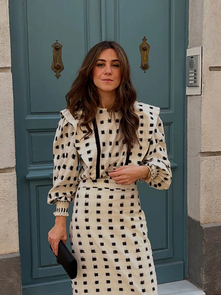 Fashion Print Patchwork Lantern Sleeve Shirt Skirt Set Women Casual Loose High Waist A-line Skirts 2025 New Vocation Streetwear