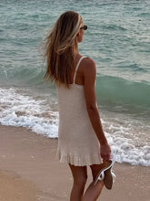 Load image into Gallery viewer, Sexy Crochet Halter V Neck Chic Ruffle Knit Beach Mini Dress 2026 Women Comfy Swimsuit Cover Up Seaside Holiday Club Dresses K58