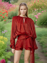 Load image into Gallery viewer, Fashion Women&#39;s Ruffles Short Dress Elegant Round Neck Lace Up Lantern Long Sleeve Mini Vestido Chic Female 2025 Solid Dresses