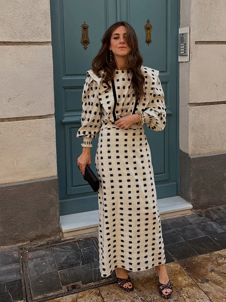 Fashion Print Patchwork Lantern Sleeve Shirt Skirt Set Women Casual Loose High Waist A-line Skirts 2025 New Vocation Streetwear