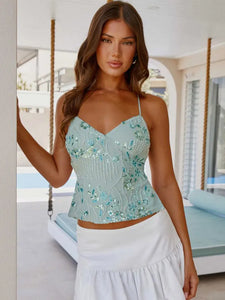 Shiny Sequins V Neck Cropped Vest Women Sexy Lace Up Backless Summer Holiday Halter Tops 2025 Chic Lady Sparkle Sling T-shirt
