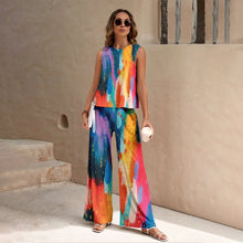 Load image into Gallery viewer, Harajuku Colorful Floral Pattern Print 2 Piece Womens Elegant O Neck Pullover And Straight Leg Pants Set Spring Summer Beach Set