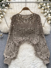 Load image into Gallery viewer, Autumn Casual Loose Knitting Top O Neck Hook Flower Hollow Long Sleeved Tassel Design Fashion French Vintage Blouse