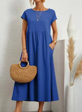 Load image into Gallery viewer, Women Vintage Solid Dress Summer Elegant O Neck Short Sleeve Cotton Linen Dresses Female Casual Loose Sundress Long Dress