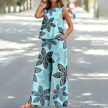 Load image into Gallery viewer, Bohemian Leaf Print Holiday Pants Set Round Neck Elegant Temperament Summer Sleeveless Top And Pants Hawaii Vacation Womenswear