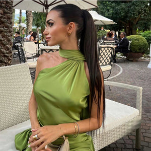 Elegant Satin Ribbons Halter Party Dress Women's Sexy Backless Off Shoulder Sleeveless Robes 2025 Summer New Lady Evening Gowns