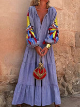 Load image into Gallery viewer, 2024 Autumn Fashion New Women's Loose Long Sleeve Striped Splicing V-neck Lantern Sleeve Printed Loose Long Dress