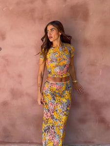 Elegant Flower Print Short Sleeve Shirt Long Skirt Set Women Bodycon O-neck Tops Skirt 2025 New Vocation Beach Street Outfit