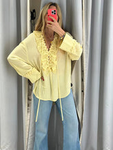 Load image into Gallery viewer, Yellow Casual Ruffles Lace-up Shirts For Women Fashion Loose Long Sleeve V Neck Summer Blouse Lady Lightweight Holiday Tops 2025