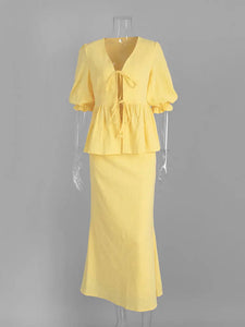 Tossy Summer Ruffled 2 Piece-Set Maxi Skirt For Women V-Neck Lace-Up Short Sleeve Shirts Top And Slim High Waist Long Skirt Sets