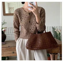 Load image into Gallery viewer, Long Sleeve Crochet Top for Women Sheer Button Up Hollow Out Openwork Knit Cardigan Jacket Spring Summer Boho Vacation Outfit