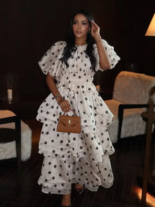 Chic Puffy Layered Ruffles Polka Dot Print Skirt Sets Women Elegant O-neck Bubble Short Sleeve Tops Suit lady Evening Partywear