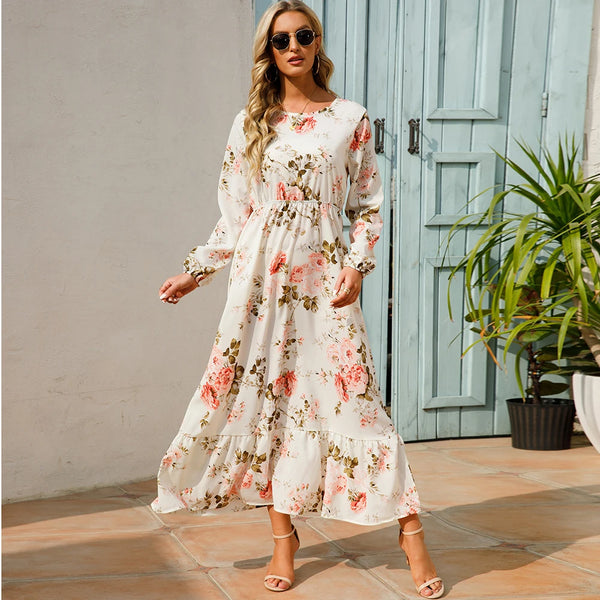 Women Maxi Dresses Sping Autumn Bohemian Casual Full Sleeve High Waist Beach Woman Chiffon Dresses Floral Vestidoes Long Dress