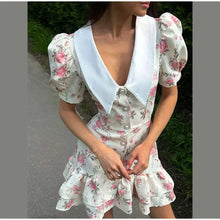 Load image into Gallery viewer, Flower Printed Lapel Mini Dress Women Casual Daily Short Sleeved V Neck A-line Fluffy Short Vestido 2025 New Summer Holiday Robe