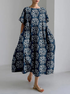 New Women's Round Neck Long Casual Dress Summer Large Size Fresh Fish Print Dress Street Vacation Short-sleeved Dress