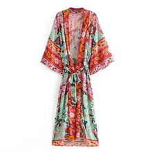 Load image into Gallery viewer, Happie Queens Women Green Peacock Print Bat Sleeve Beach Bohemian Kimono Robe Ladies V Neck  Boho Bikini Cover-ups