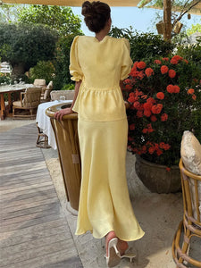 Tossy Summer Ruffled 2 Piece-Set Maxi Skirt For Women V-Neck Lace-Up Short Sleeve Shirts Top And Slim High Waist Long Skirt Sets